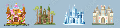 Four unique cartoon castles with different styles on a soft blue background. Vector illustration