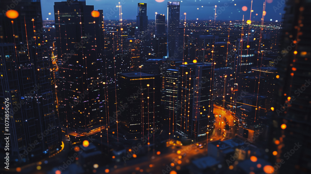 Fototapeta premium Smart digital Innovation city Business skyscrapers in the Financial District with connection network reciprocity over the cityscape. of future smart wireless digital city and social media networking 