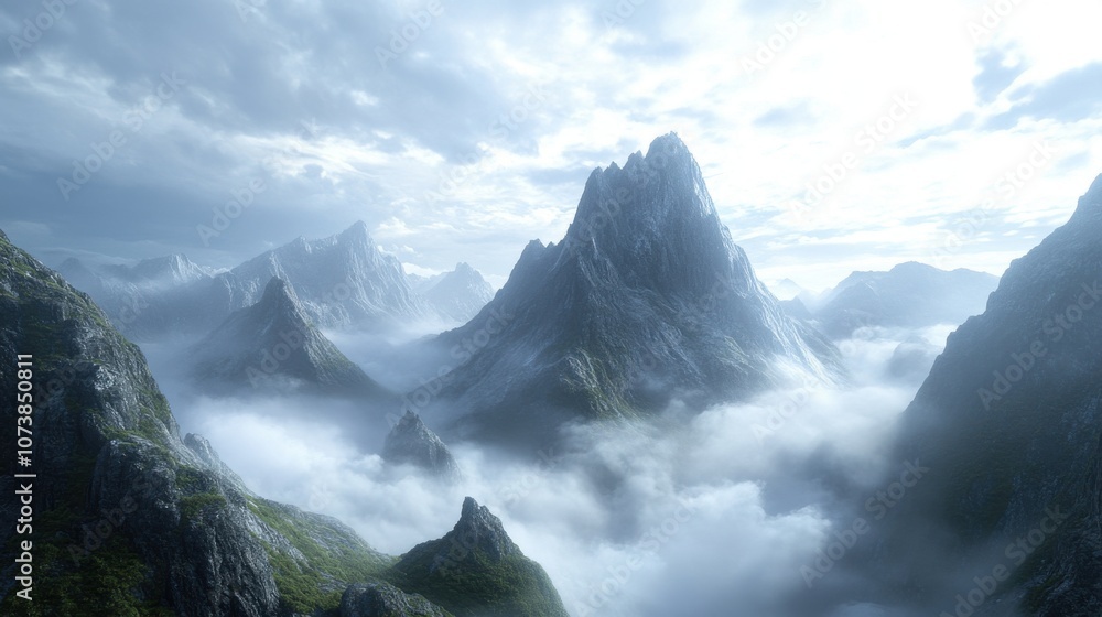 Majestic mountain range rises through misty clouds, creating a serene and ethereal landscape in soft blue tones. Majestic mountain range rises through misty clouds, creating a serene and ethereal landscape in soft blue tones.