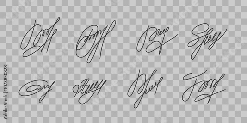 Fictional Handwritten Autograph sample set. Fake Isolated personal Signature collection. Sign for certificate, contract, business template, documents, branding Design. Vector illustration