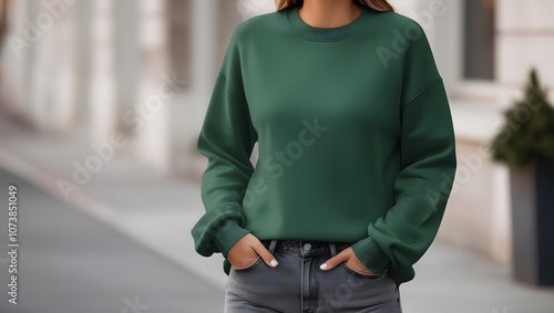 Woman wearing blank green sweatshirt, standing on the street in the city. background. aesthetic pullover mock up for Christmas, holiday