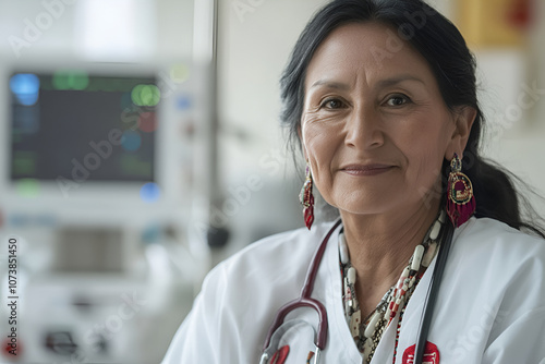 Native American female doctor in traditional jewelry with stethoscope in a hospital setting