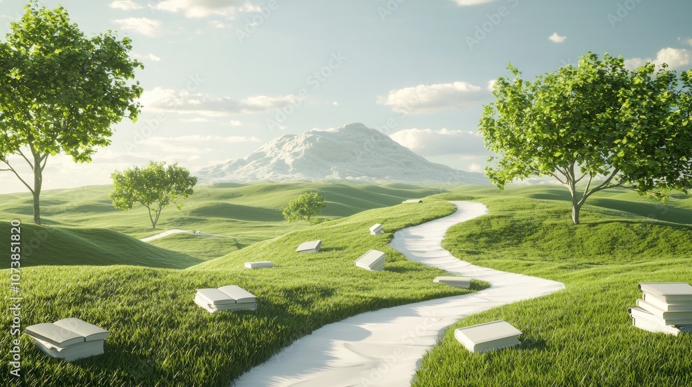 Journey of Knowledge: Serene Landscape with Books on Path Leading to Distant Mountain in 3D Rendered Artwork Journey of Knowledge: Serene Landscape with Books on Path Leading to Distant Mountain in 3D Rendered Artwork