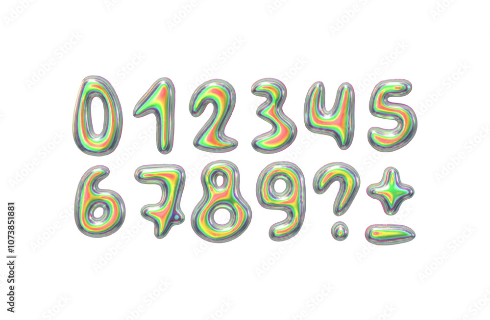 Holo Numbers Holographic numbers set from 0 to 9 in metallic colors realistic 3d ...