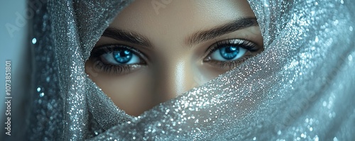 An Arabic Woman with a Silver Veil and Blue Eyes, Beautiful


 photo