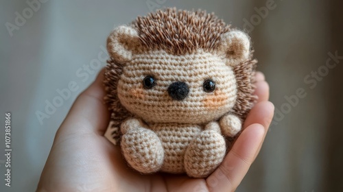 A cute, handcrafted crocheted hedgehog cradled in a human hand, showcasing intricate stitching and endearing facial features, evoking a sense of comfort and warmth. photo