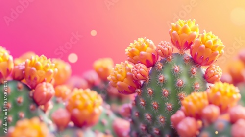 Colorful cactus flowers bloom vibrantly against a soft pink and orange background.