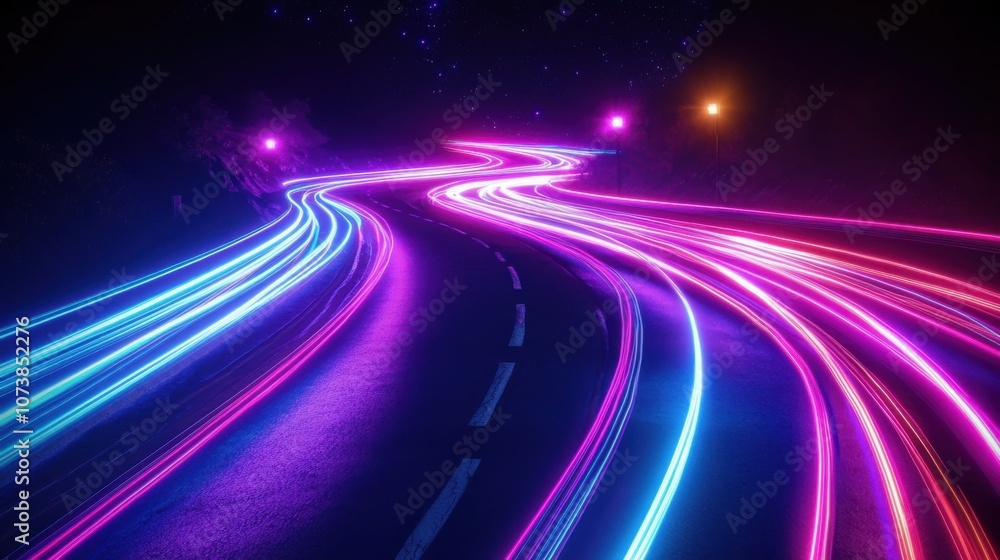 Vibrant light trails illuminate a winding road at night, creating a futuristic and dynamic atmosphere.