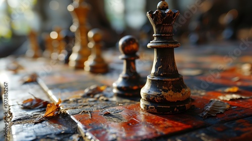 A detailed view of wooden chess pieces on an aged chessboard with autumn leaves. The natural sunlight casts warm shadows, highlighting the scene. photo