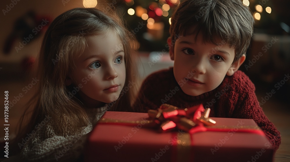 Two children look at a Christmas gift in front of a decorated Christmas tree. Two children look at a Christmas gift in front of a decorated Christmas tree.