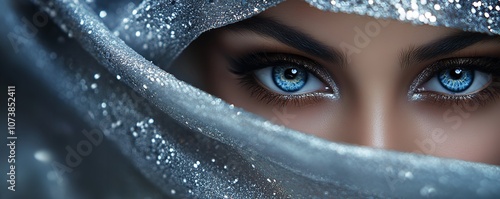 An Arabic Woman with Beautiful Eyes and a Silver Veil Against

 photo