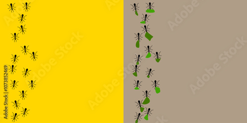 Vector worker ants trail. Ants carrying leaves. Ants marching in search of food