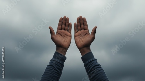 Black person, prayer hands and clouds or heaven for Christianity support or Jesus faith, praise or forgiveness.