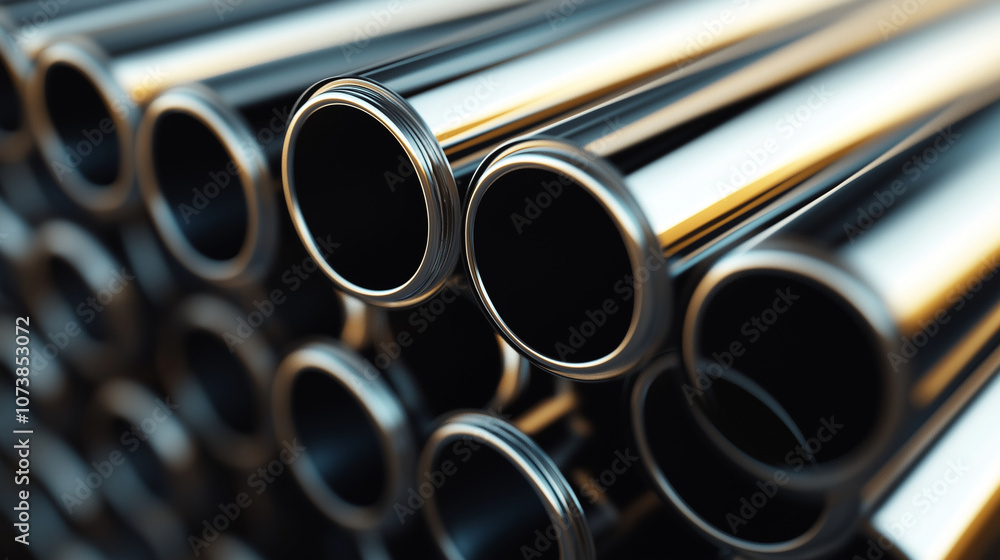 A lifelike 3D render of a stack of polished metal pipes, neatly arranged on a white background A lifelike 3D render of a stack of polished metal pipes, neatly arranged on a white background