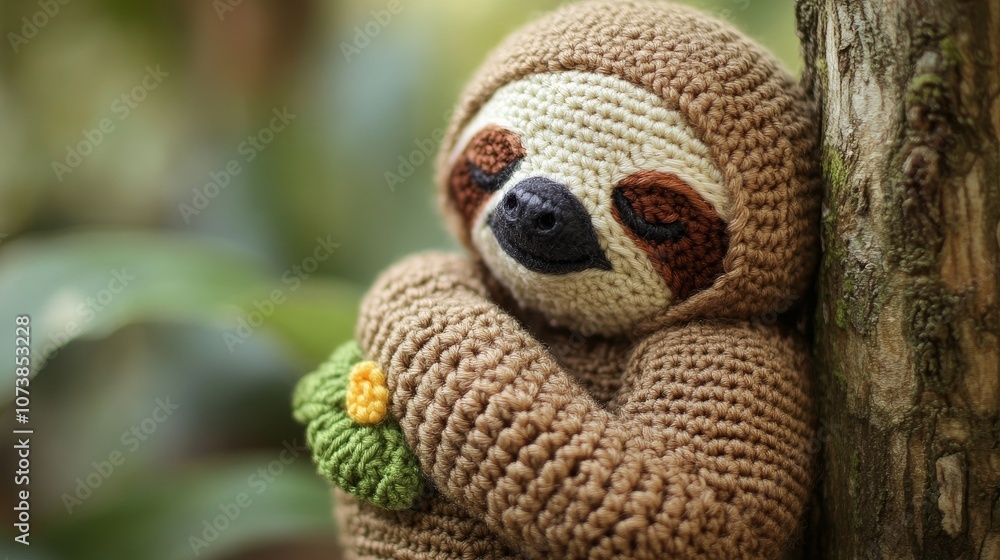 A crochet sloth wraps its arms around a small flower in a lush green forest, capturing a serene moment of nature's embrace and peaceful coexistence. A crochet sloth wraps its arms around a small flower in a lush green forest, capturing a serene moment of nature's embrace and peaceful coexistence.