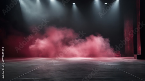 Empty dark stage, neon lights and spotlights. A concrete floor and a smoke-filled studio room raise the texture of the interior for product demos