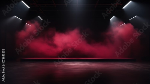 Empty dark stage, neon lights and spotlights. A concrete floor and a smoke-filled studio room raise the texture of the interior for product demos