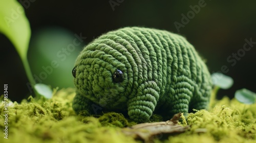 A crocheted tardigrade rendered in rich green yarn rests on a plush bed of moss, capturing the beauty of microscopic life through detailed craftsmanship.