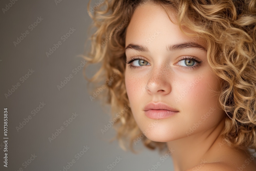 Fototapeta premium A Young Woman With Curly Hair Gazes Thoughtfully at the Camera in a Minimalist Studio Setting
