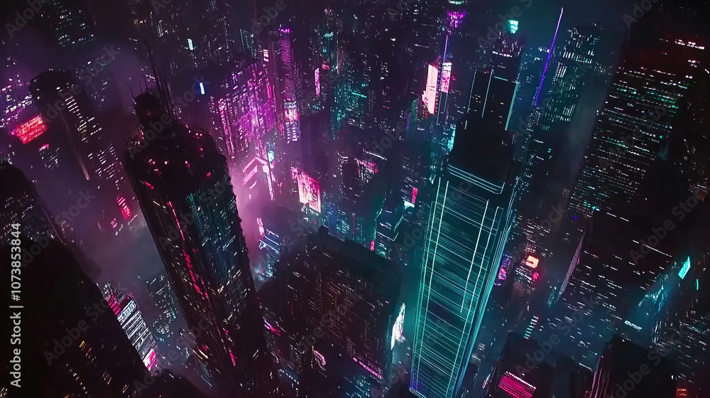 Fototapeta premium Aerial view futuristic background cityscape at night, cars neon lights, high-rise buildings, cyberpunk vibes, cinematic atmosphere urban city modern geometry lines stacked buildings purple blue