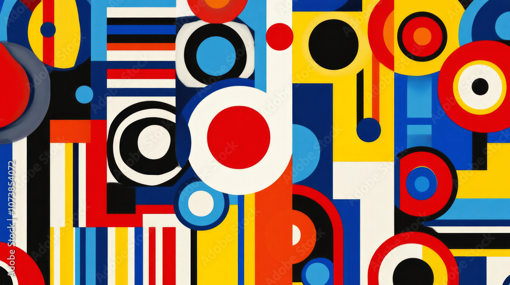 Bright modern art geometric abstract pattern with vibrant color blocks and circles, bold geometric shapes, primary colors, museum art feel dynamic urban stacked shapes positive emotion fun energetic Bright modern art geometric abstract pattern with vibrant color blocks and circles, bold geometric shapes, primary colors, museum art feel dynamic urban stacked shapes positive emotion fun energetic