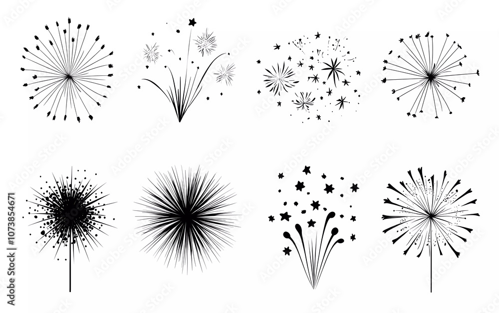 Set of fireworks isolated on white background. Simple black line fireworks. Fireworks, stars, bursts, vector illustration set. different styles, sizes Set of fireworks isolated on white background. Simple black line fireworks. Fireworks, stars, bursts, vector illustration set. different styles, sizes