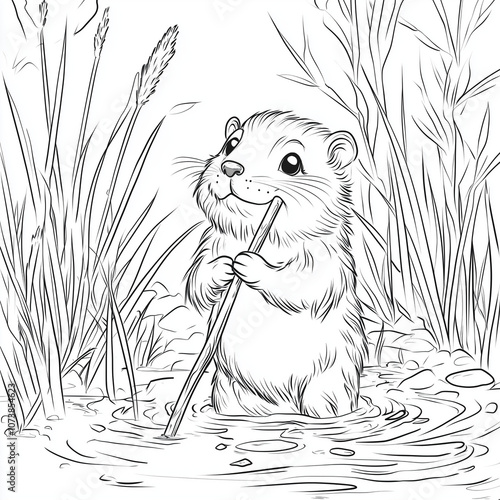 Beaver Holding a Stick Near Its Dam in Tall Grass by the Water photo