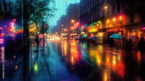 Vibrant night scene of a city street under rain, showcasing colorful reflections and illuminated shop fronts.