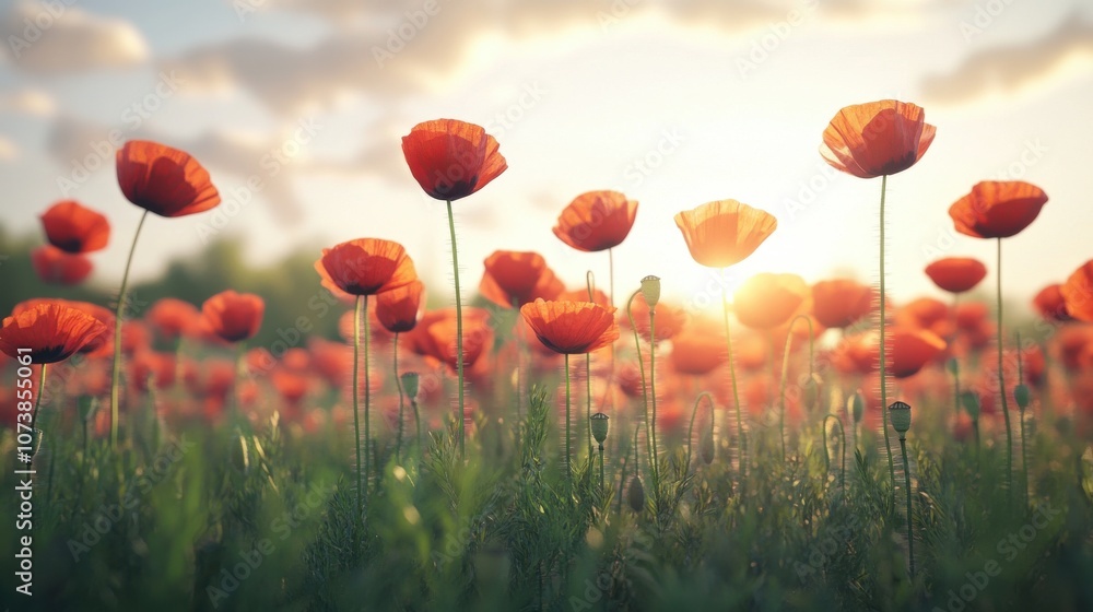 Obraz premium A vibrant field of red poppies blooming under a golden sunset, creating a serene and enchanting atmosphere.