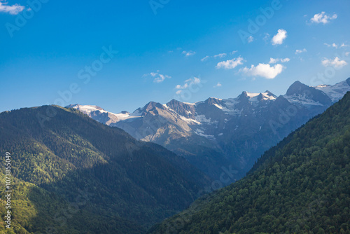 Obraz na płótnie Beautiful Svaneti landscape with forest and mountains near Mestia in Summer. Upper Svaneti region, Georgia. w salonie