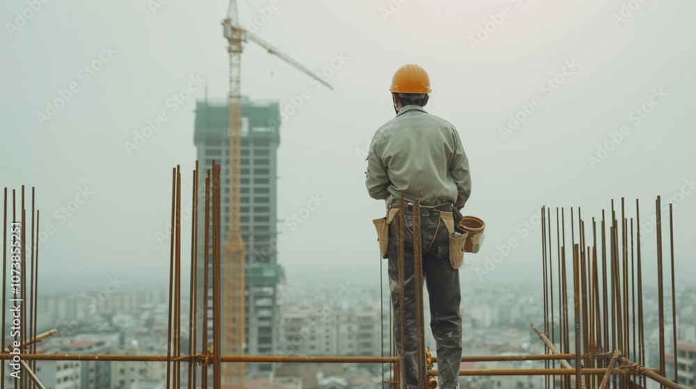 A builder who assembles structures at a height. A builder who assembles structures at a height.