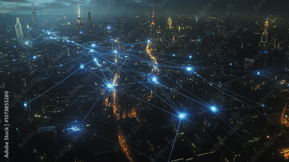 Fototapeta premium Smart digital Innovation city Business skyscrapers in the Financial District with connection network reciprocity over the cityscape. of future smart wireless digital city and social media networking