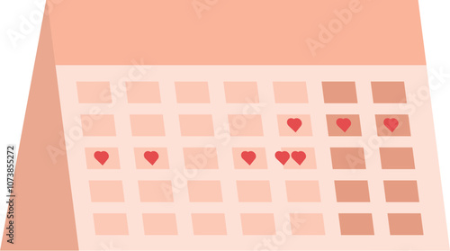 Menstrual cycle calendar with hearts marking ovulation period and fertile days for family planning