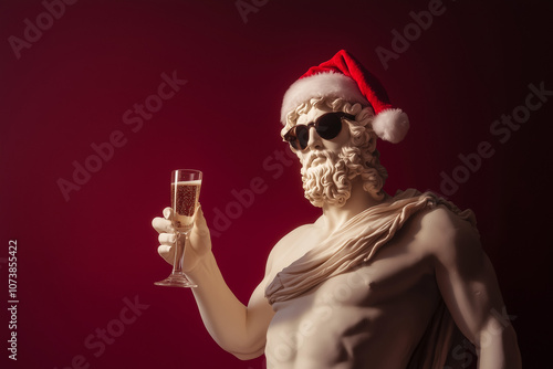 Statue of Greek god wearing santa hat and glasses with champagne glass on red background. Santa with a cocktail. Christmas celebration. 