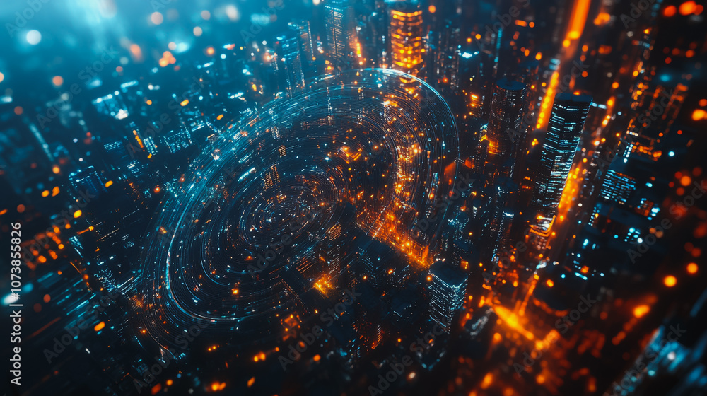 Obraz premium Smart digital Innovation city Business skyscrapers in the Financial District with connection network reciprocity over the cityscape. of future smart wireless digital city and social media networking