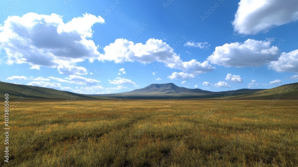 A breathtaking landscape featuring golden grasses under a vibrant blue sky with fluffy white clouds. A breathtaking landscape featuring golden grasses under a vibrant blue sky with fluffy white clouds.