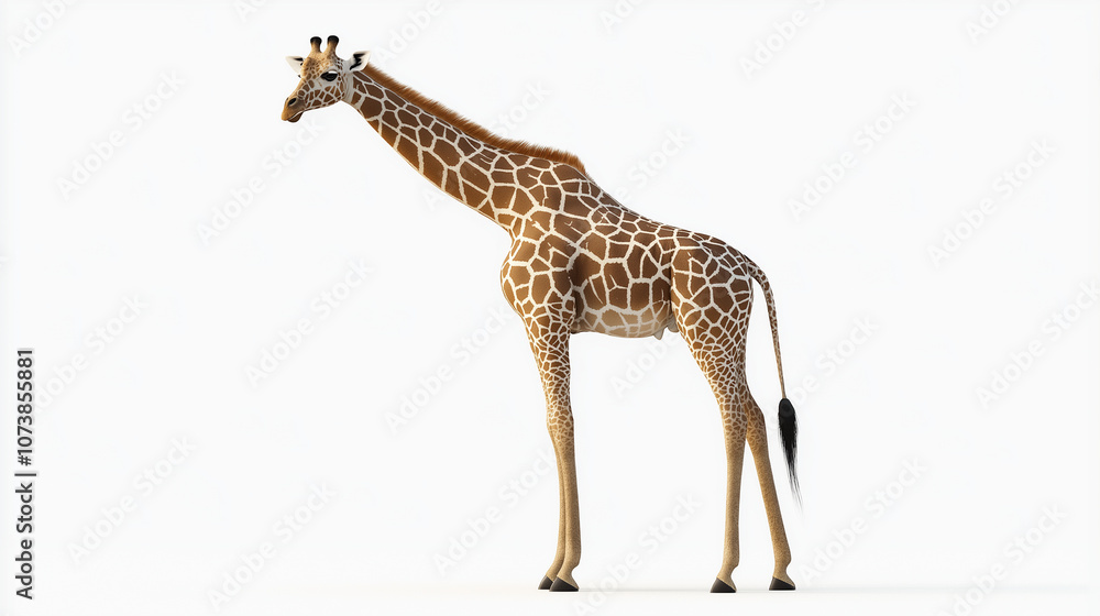 Obraz premium A realistic 3D render of a tall giraffe with detailed spots, bending its neck slightly, on a white background