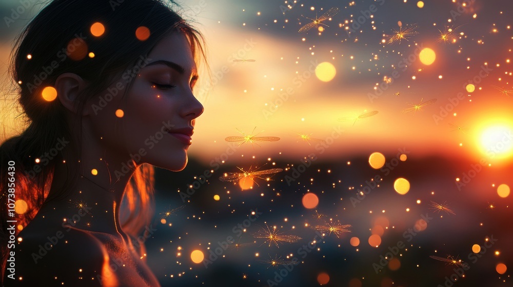 A serene young woman gazes into the sunset, surrounded by shimmering lights and fireflies, evoking a dreamy atmosphere. A serene young woman gazes into the sunset, surrounded by shimmering lights and fireflies, evoking a dreamy atmosphere.