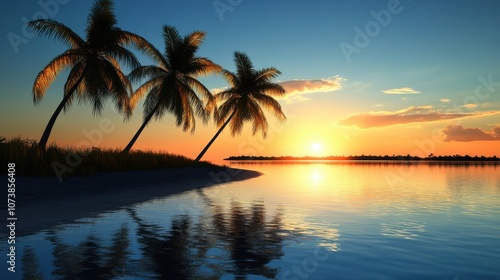 Serene sunset over a tranquil beach with silhouetted palm trees reflecting on the calm water.