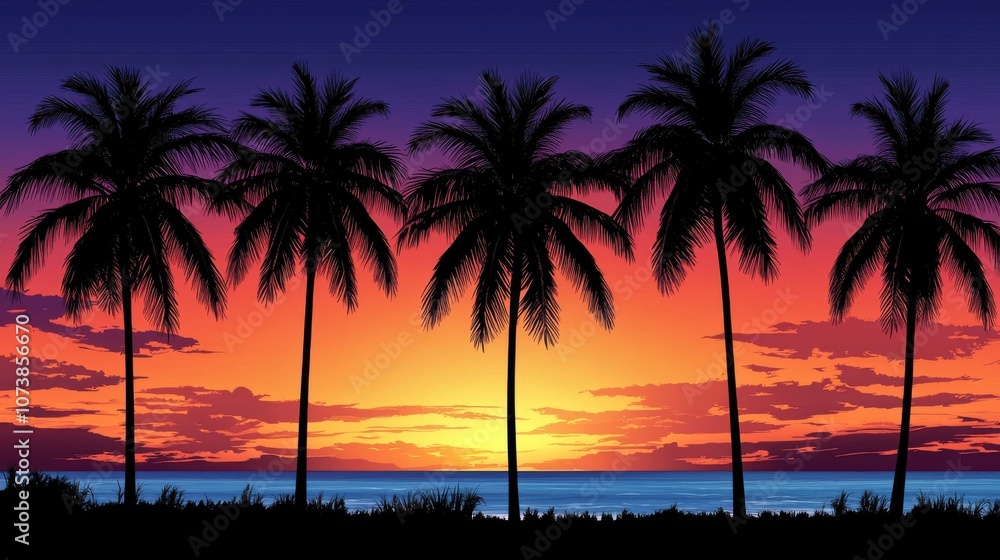 A vibrant sunset painting the sky with deep oranges and purples, silhouetting tall palm trees along the shoreline. A vibrant sunset painting the sky with deep oranges and purples, silhouetting tall palm trees along the shoreline.