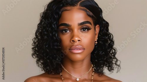 A woman with curly hair and a gold necklace is smiling photo