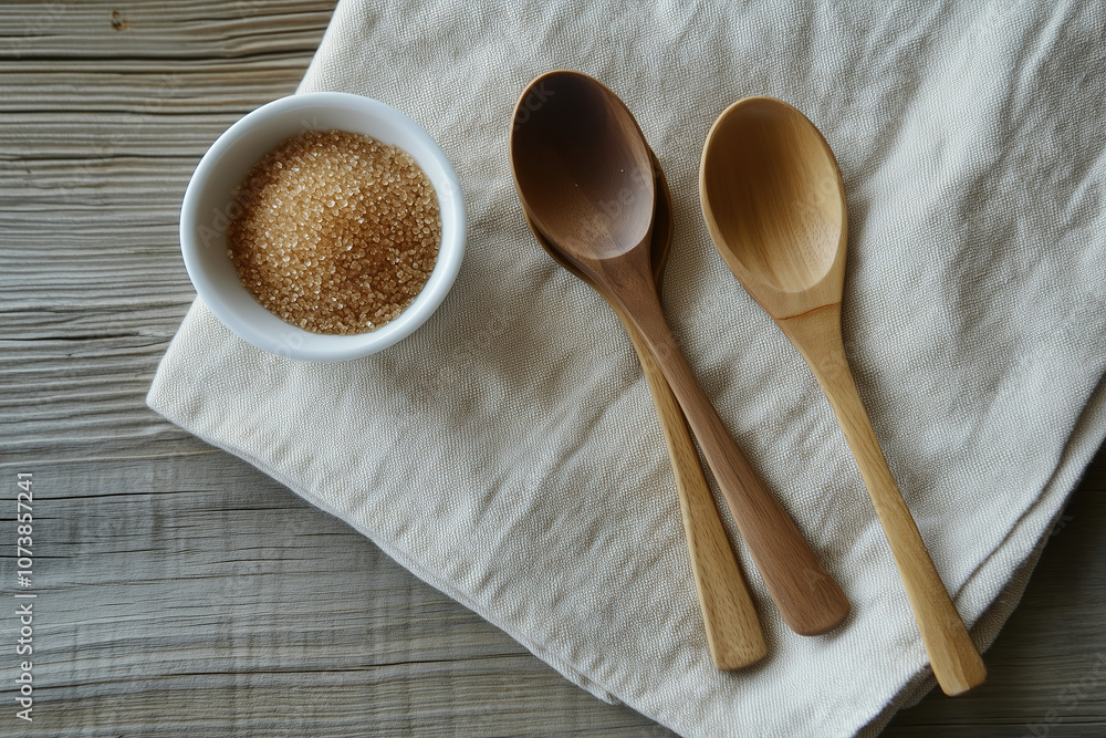 Wooden spoons and a bowl of brown sugar on a linen cloth in a bright kitchen setting during the afternoon. Generative AI Wooden spoons and a bowl of brown sugar on a linen cloth in a bright kitchen setting during the afternoon. Generative AI