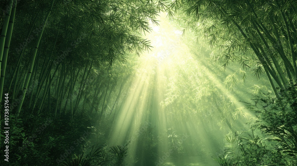 Obraz premium Serene bamboo grove with sunlight streaming through lush green foliage, creating a tranquil atmosphere.
