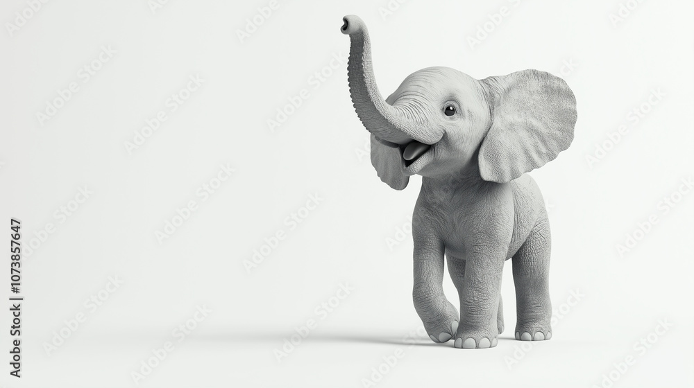 A soft 3D render of a playful elephant calf with its trunk raised, on a white background A soft 3D render of a playful elephant calf with its trunk raised, on a white background