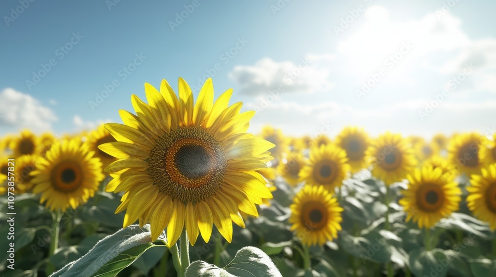 A vibrant sunflower stands tall against a bright blue sky, surrounded by a field of blooming sunflowers. A vibrant sunflower stands tall against a bright blue sky, surrounded by a field of blooming sunflowers.