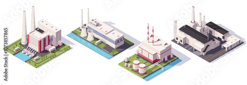 Multiple industrial buildings and power plants in isometric view. Colorful design on a white background. Vector illustration