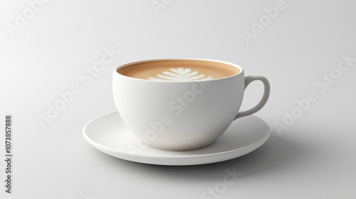 A soft 3D render of a steaming cup of coffee with a frothy top, sitting on a white saucer, on a white background