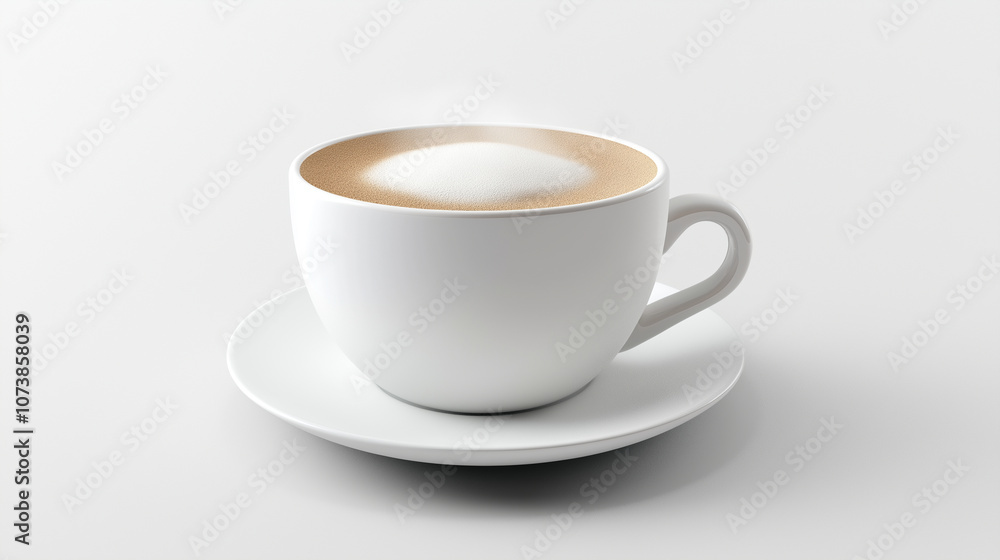 A soft 3D render of a steaming cup of coffee with a frothy top, sitting on a white saucer, on a white background A soft 3D render of a steaming cup of coffee with a frothy top, sitting on a white saucer, on a white background