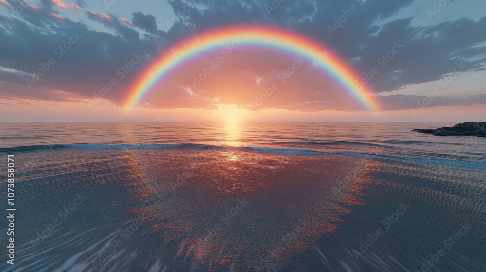 A vibrant rainbow arcs over a serene ocean at sunset, casting colorful reflections on the tranquil waters. A vibrant rainbow arcs over a serene ocean at sunset, casting colorful reflections on the tranquil waters.
