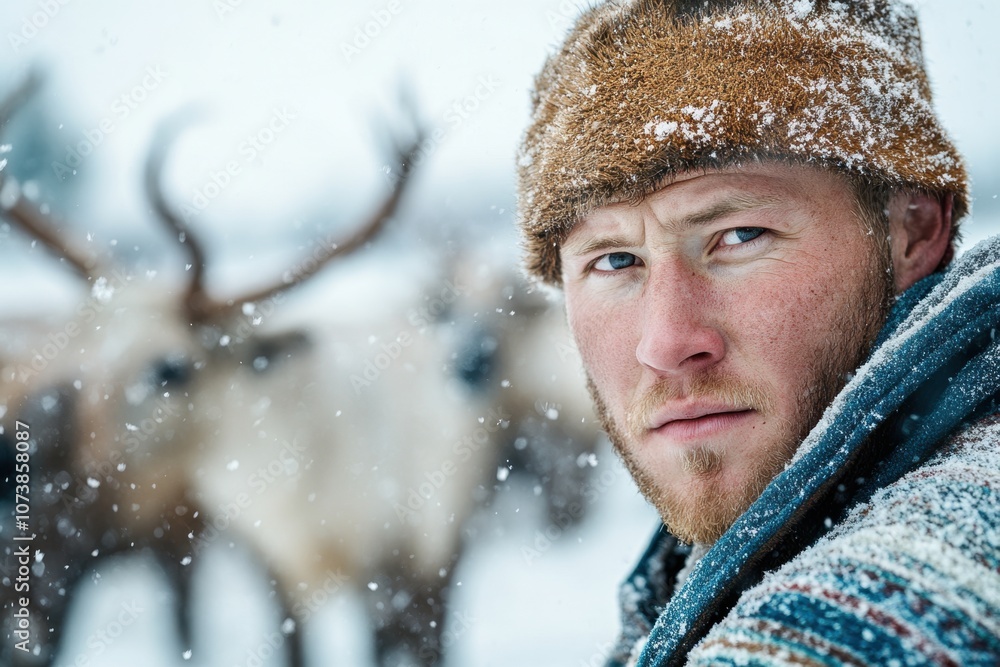 Sami Reindeer Herder in Traditional Attire Stands Proudly Amidst Winter’s Soft Embrace Sami Reindeer Herder in Traditional Attire Stands Proudly Amidst Winter’s Soft Embrace